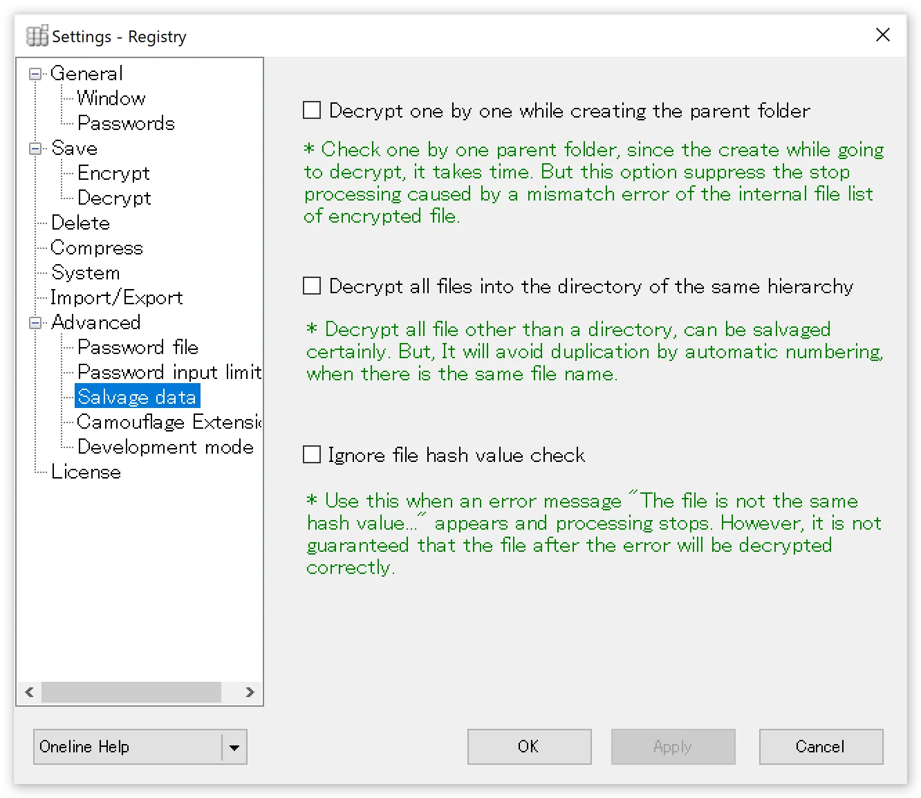 Data salvage settings panel