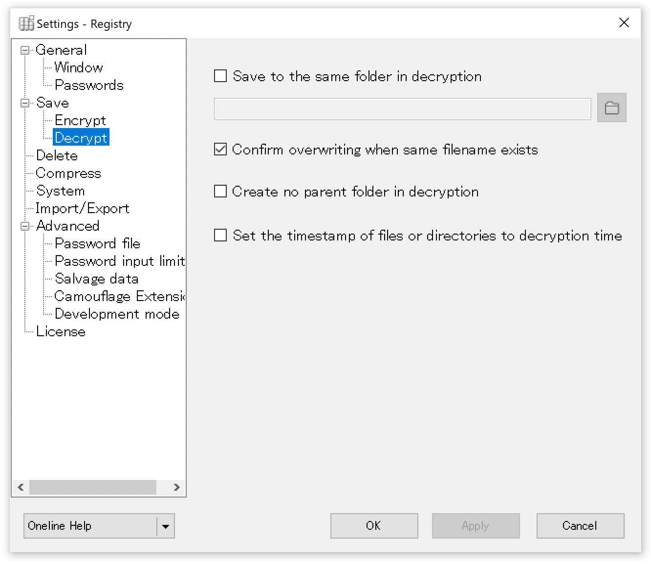 Decryption settings panel