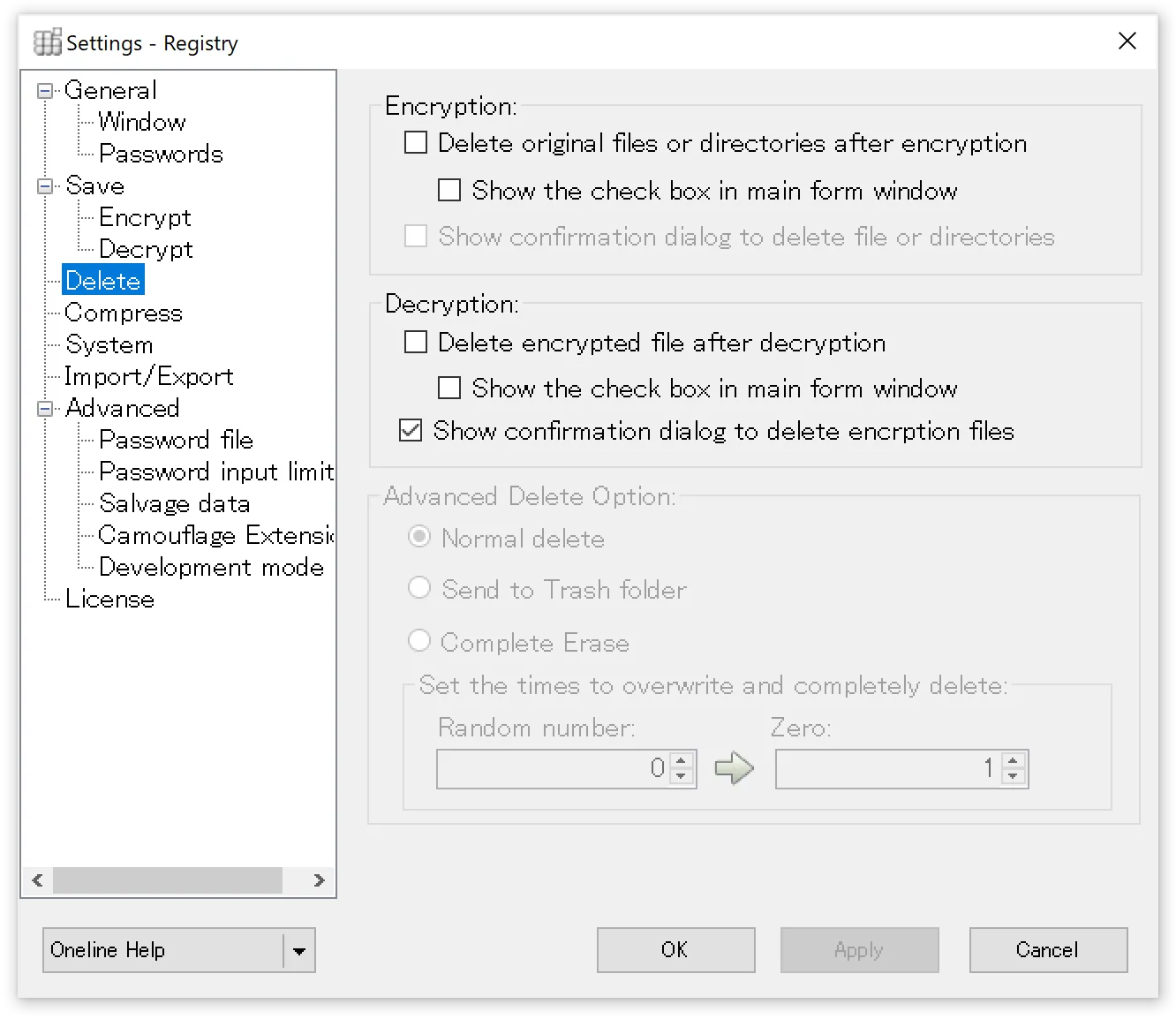 Deletion settings panel