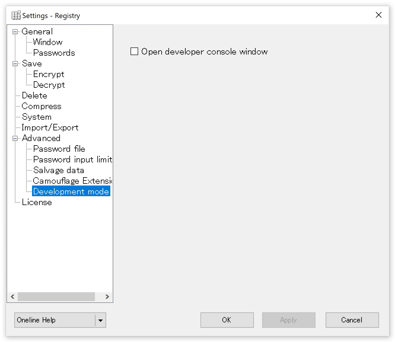 Developer mode settings panel