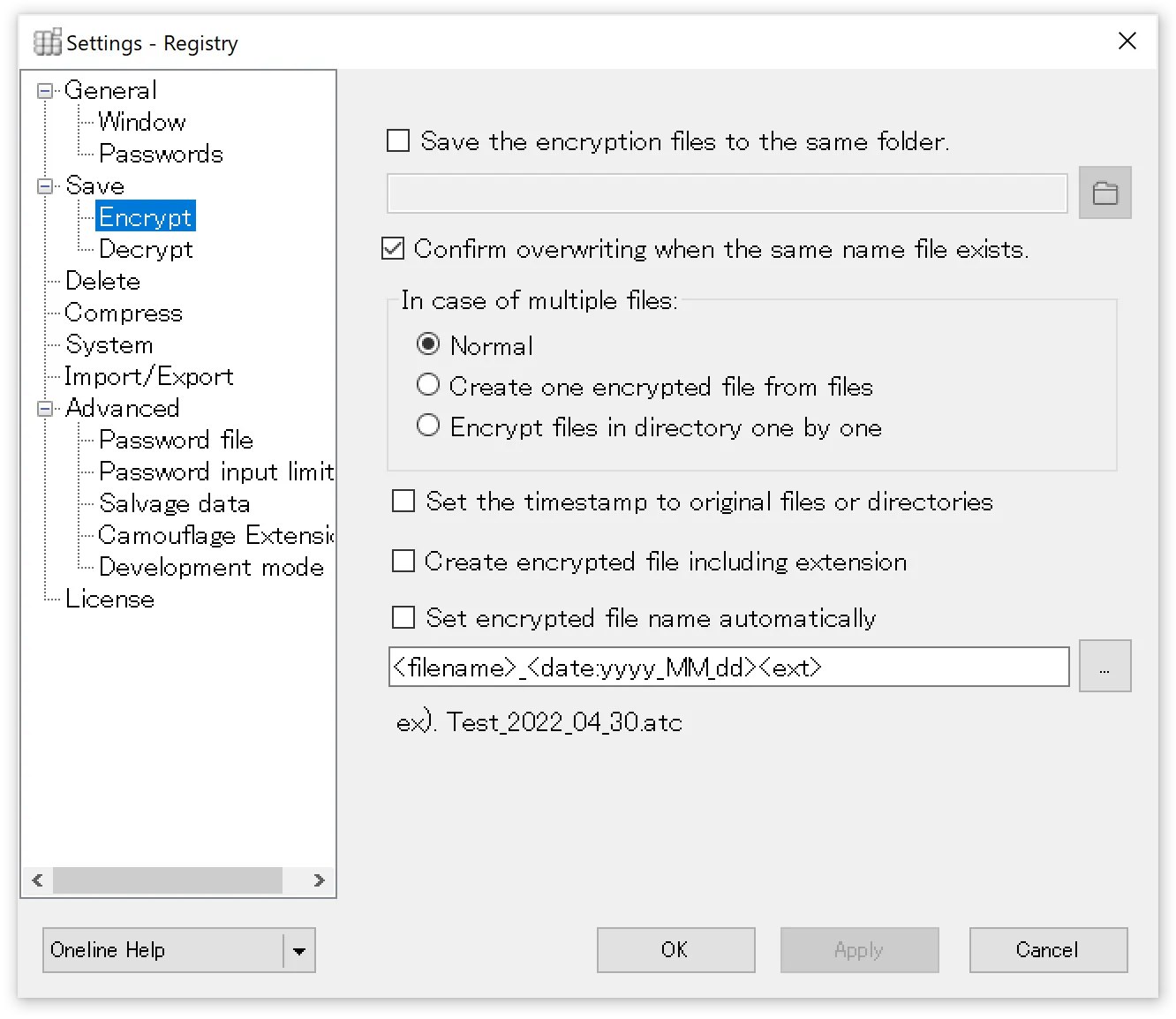 Encryption settings panel