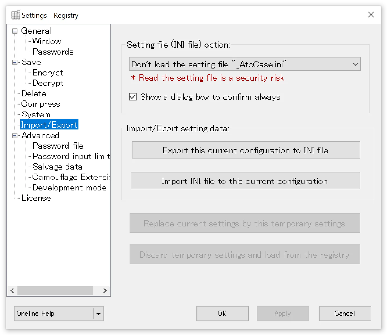 Import and export settings panel