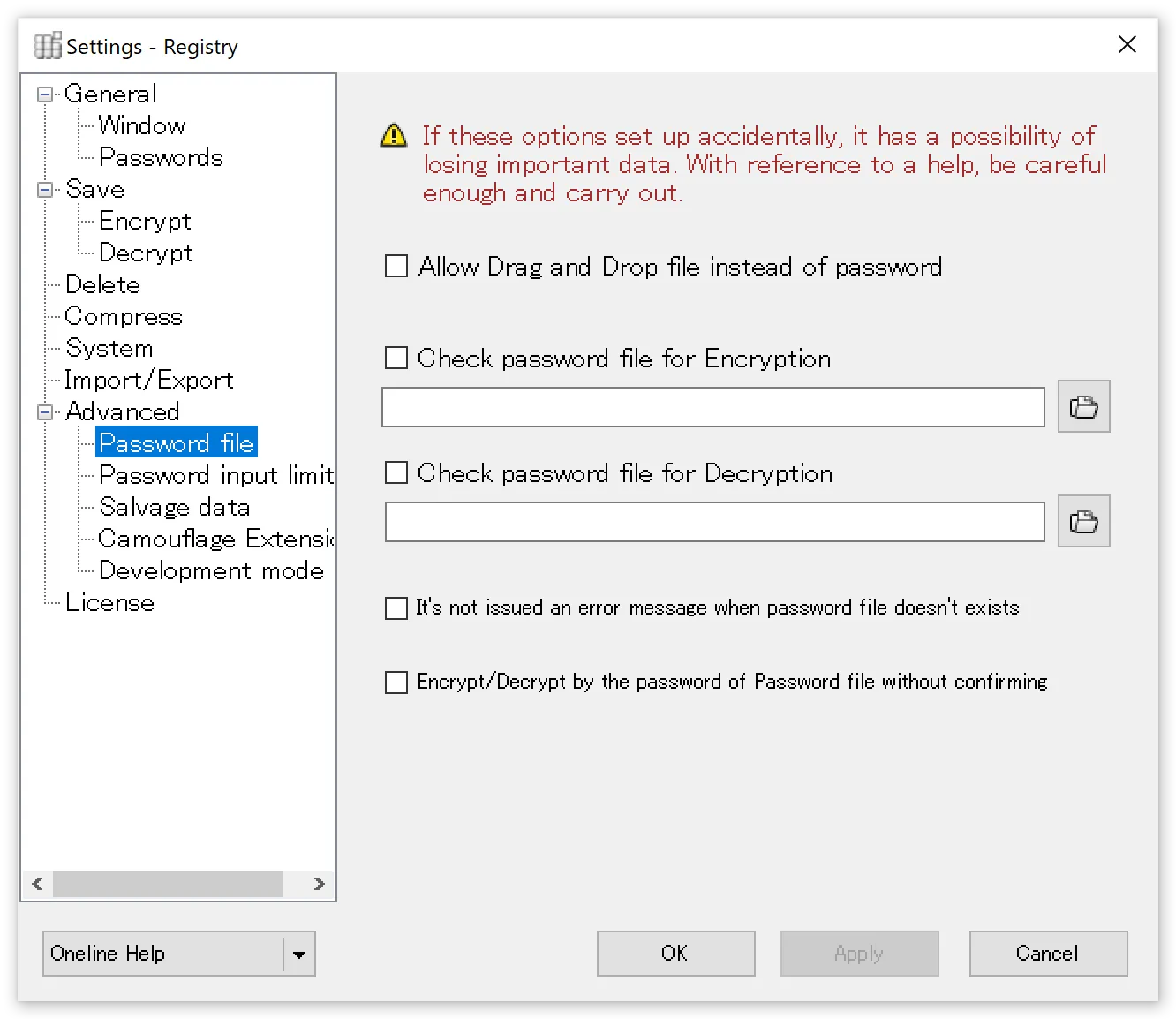 Password file settings panel