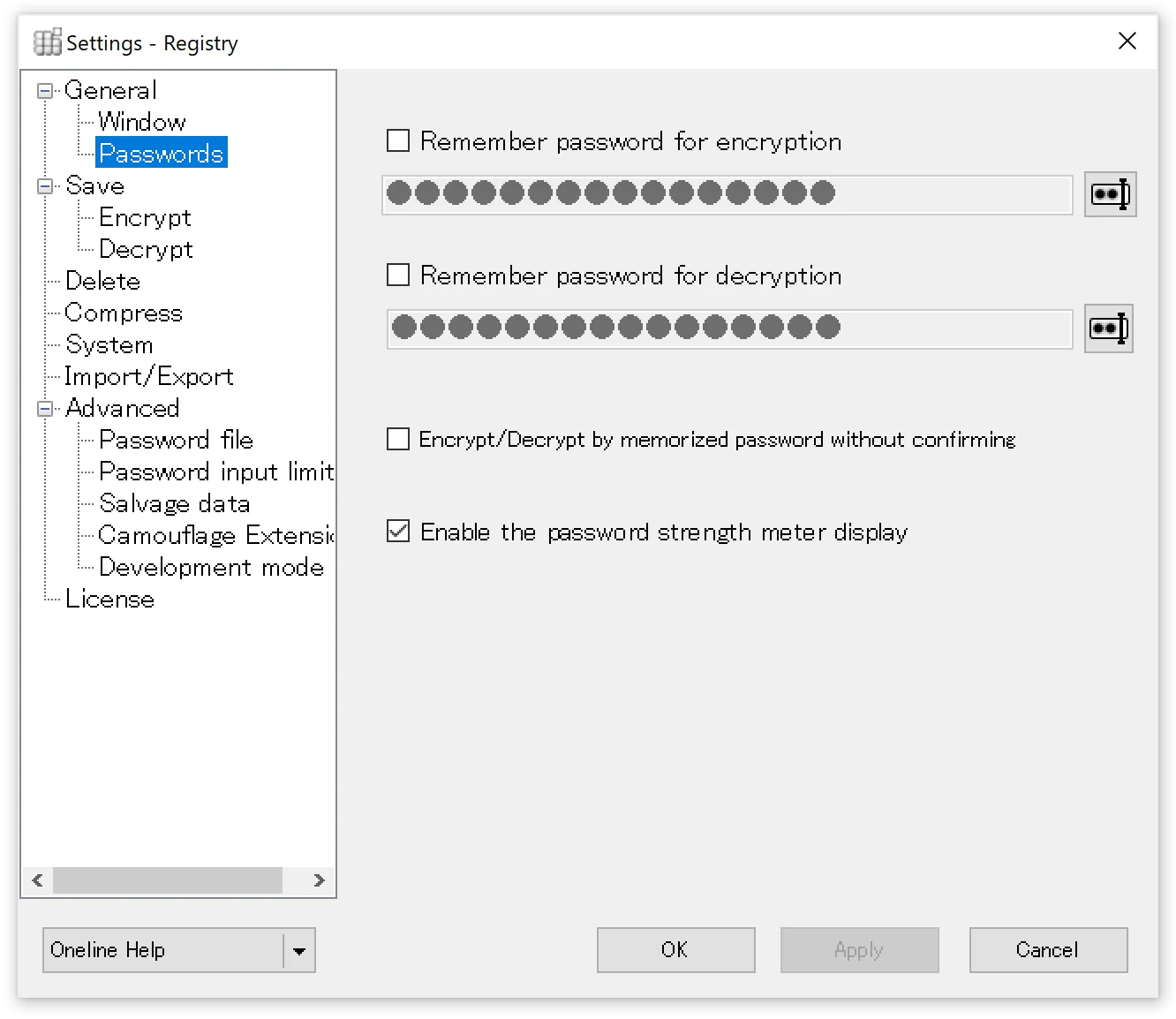 Password settings panel