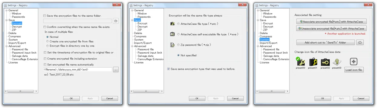 Various settings windows